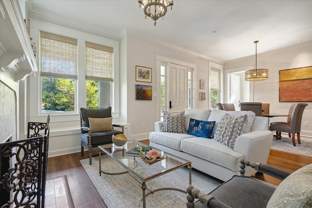 living area with a chandelier, dark wood-type flooring, and crown molding