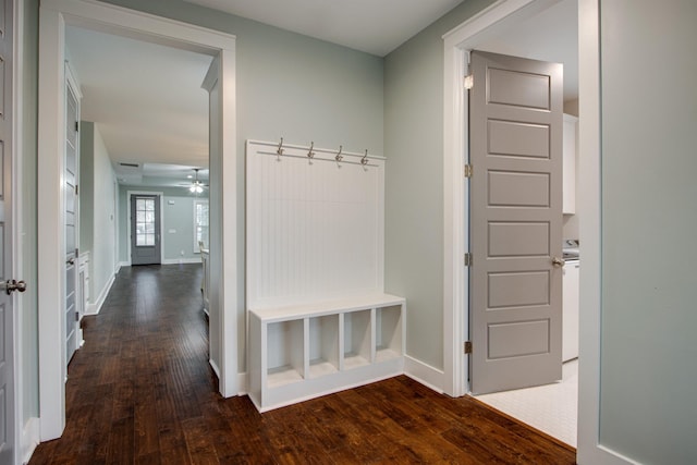 mudroom featuring ceiling fan and dark hardwood / wood-style floors