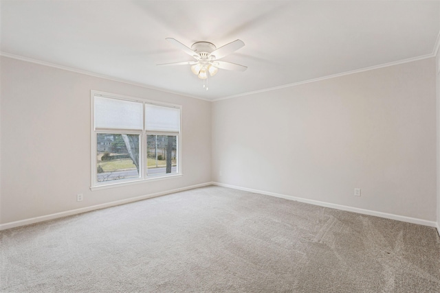 empty room featuring ceiling fan, carpet floors, and ornamental molding