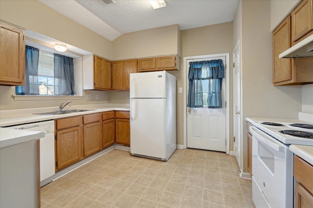 kitchen featuring a textured ceiling, white appliances, ventilation hood, vaulted ceiling, and sink