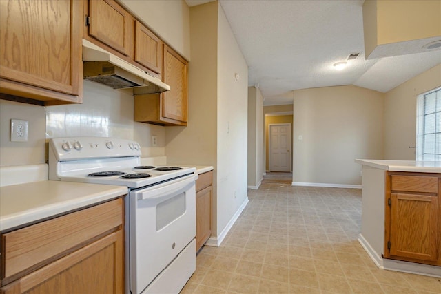 kitchen with a textured ceiling, white electric stove, and lofted ceiling