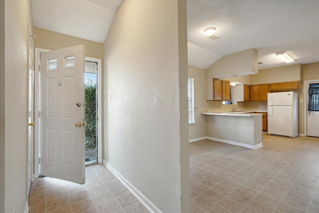 foyer with sink, lofted ceiling, and a textured ceiling