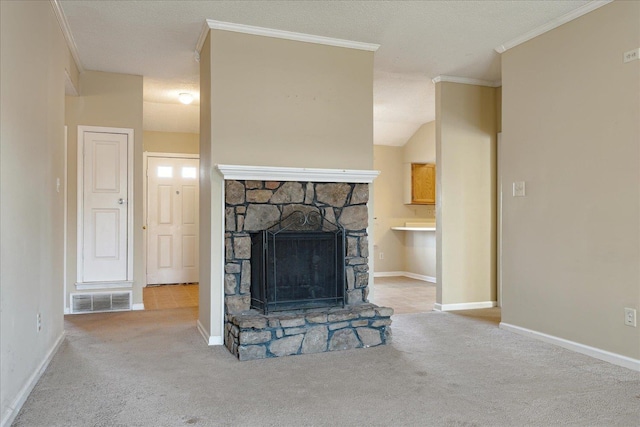 unfurnished living room featuring a fireplace, light colored carpet, vaulted ceiling, and ornamental molding