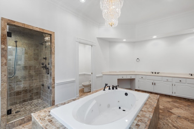 full bathroom featuring an inviting chandelier, toilet, vanity, shower with separate bathtub, and ornamental molding