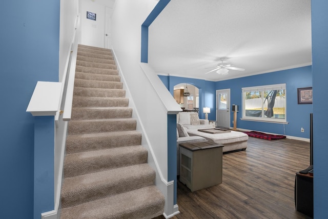 stairway with ceiling fan, wood-type flooring, a textured ceiling, and ornamental molding