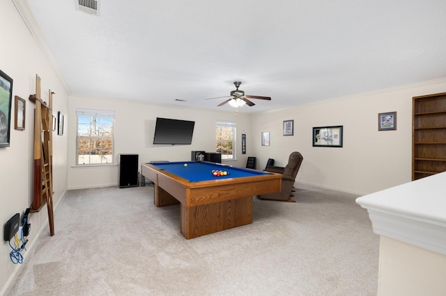 playroom featuring crown molding, billiards, a healthy amount of sunlight, and light carpet