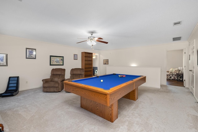 rec room with crown molding, light carpet, ceiling fan, and billiards