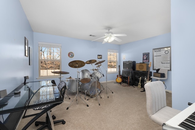 office featuring light colored carpet and ceiling fan