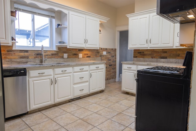 kitchen with dishwasher, black stove, and white cabinetry