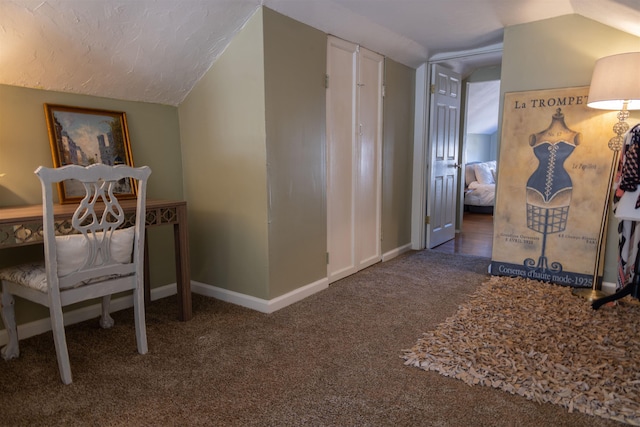 interior space featuring dark colored carpet, lofted ceiling, and a textured ceiling