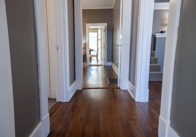 hallway with ornamental molding and dark wood-type flooring