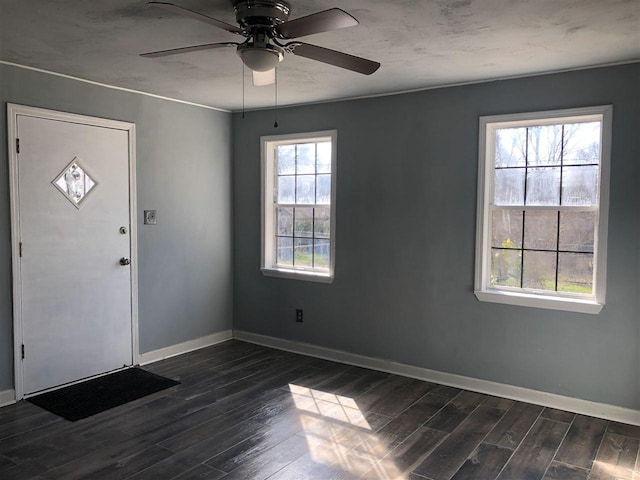 foyer with dark hardwood / wood-style floors, ceiling fan, and a healthy amount of sunlight