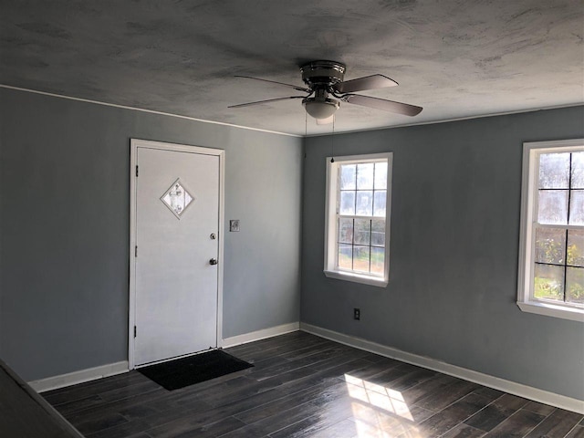 foyer featuring ceiling fan and dark wood-type flooring