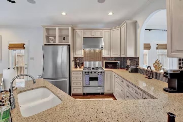 kitchen featuring light stone countertops, sink, a healthy amount of sunlight, and appliances with stainless steel finishes