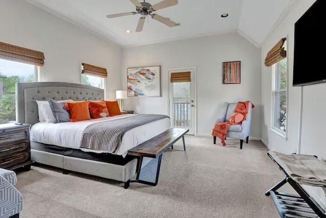 carpeted bedroom with access to exterior, ceiling fan, crown molding, and vaulted ceiling