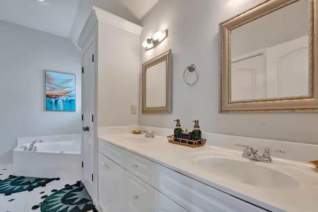 bathroom featuring a tub to relax in, vanity, and lofted ceiling