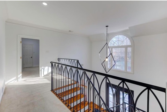 hall with carpet flooring and ornamental molding