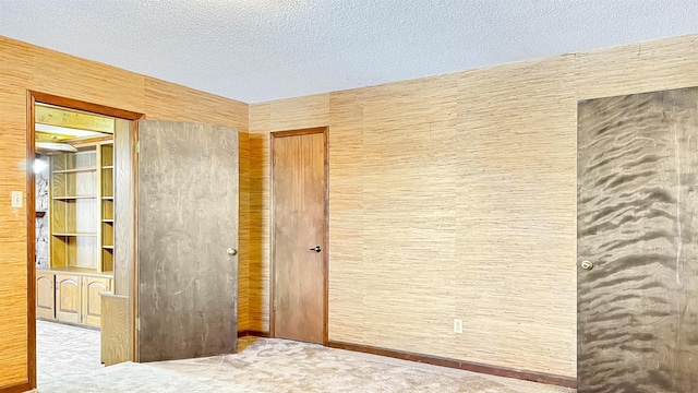 interior space featuring carpet, a textured ceiling, a closet, and wood walls