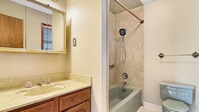 full bathroom with shower / tub combination, vanity, toilet, and tile patterned floors