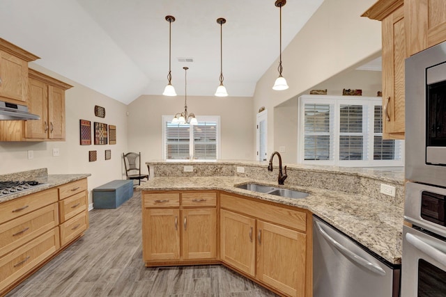 kitchen featuring vaulted ceiling, sink, hanging light fixtures, and stainless steel appliances