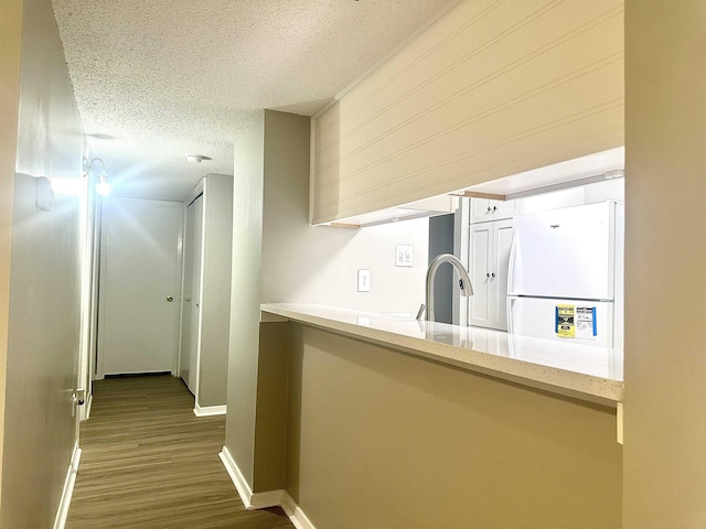 kitchen featuring dark wood-type flooring, white refrigerator, a textured ceiling, and sink