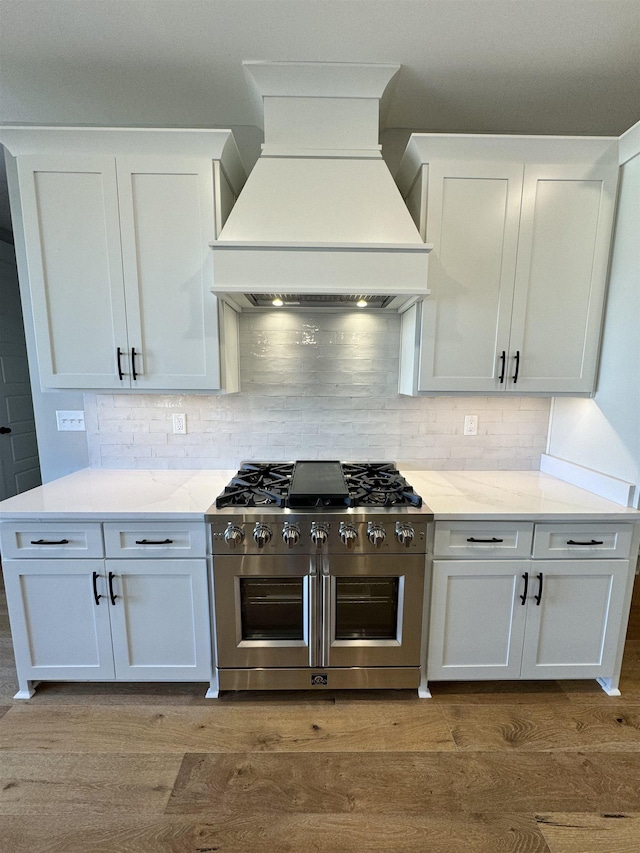 kitchen featuring premium range hood, white cabinetry, decorative backsplash, and high end stainless steel range oven