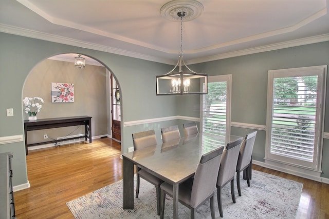 dining room featuring hardwood / wood-style flooring, a raised ceiling, and a notable chandelier