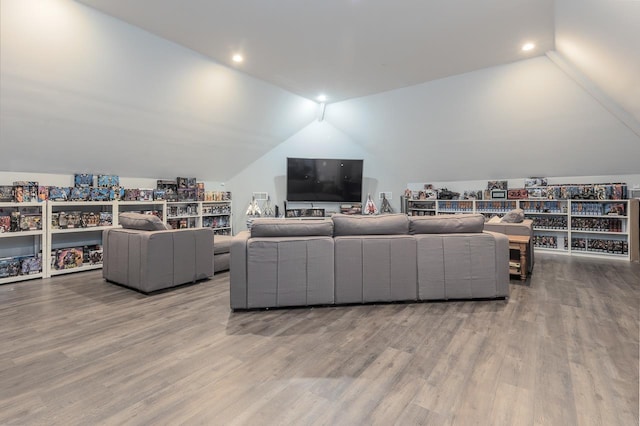 living room with hardwood / wood-style floors and lofted ceiling