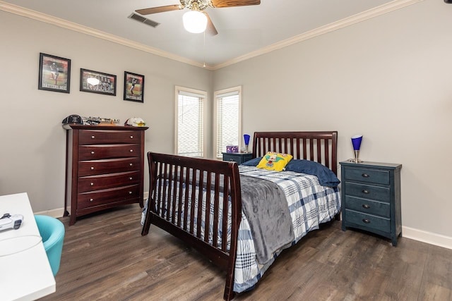 bedroom with ceiling fan, dark hardwood / wood-style flooring, and ornamental molding