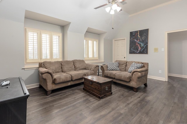 living room with dark hardwood / wood-style flooring, ceiling fan, vaulted ceiling, and crown molding