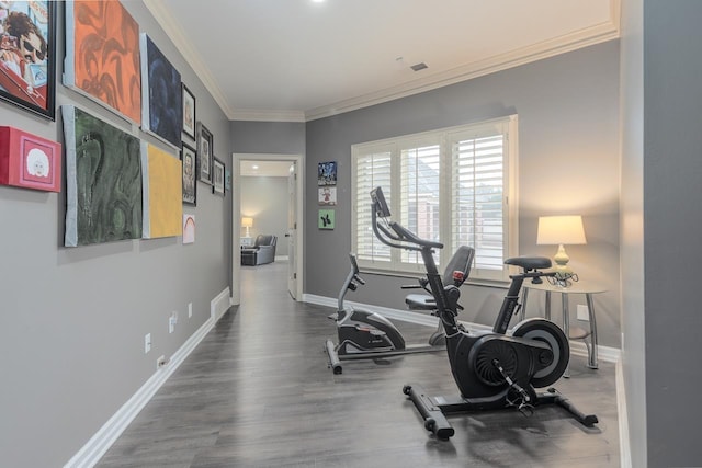 workout room featuring ornamental molding and dark wood-type flooring