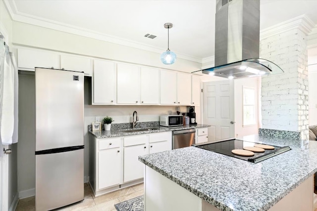 kitchen featuring kitchen peninsula, island range hood, white cabinets, appliances with stainless steel finishes, and sink