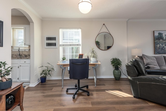 office space featuring sink, crown molding, and dark hardwood / wood-style floors