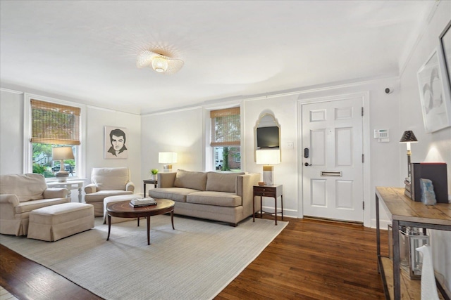 living room with dark wood-type flooring and ornamental molding