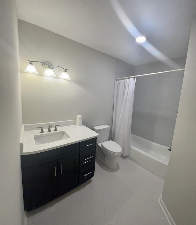 full bathroom with toilet, vanity, tile patterned floors, and shower / tub combo with curtain