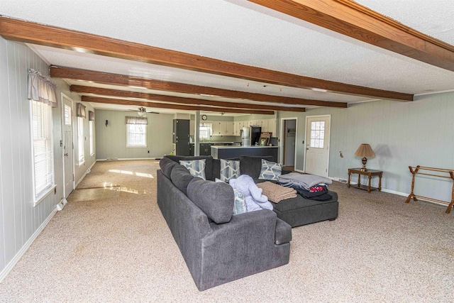 living room with light colored carpet, beam ceiling, and a wealth of natural light