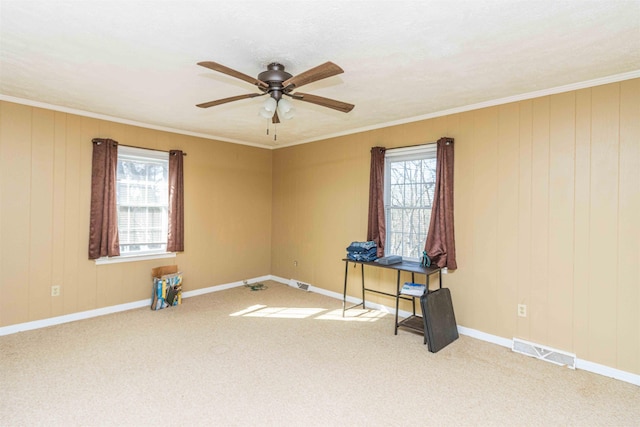 empty room featuring ceiling fan, carpet, and plenty of natural light