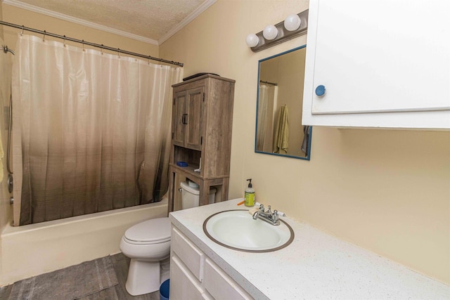 full bathroom with toilet, crown molding, vanity, shower / bath combo with shower curtain, and a textured ceiling