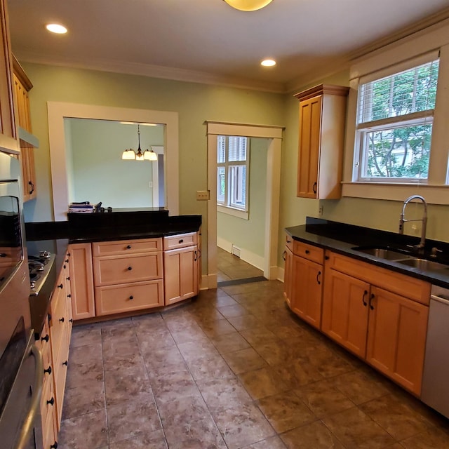 kitchen featuring hanging light fixtures, crown molding, a notable chandelier, white dishwasher, and sink