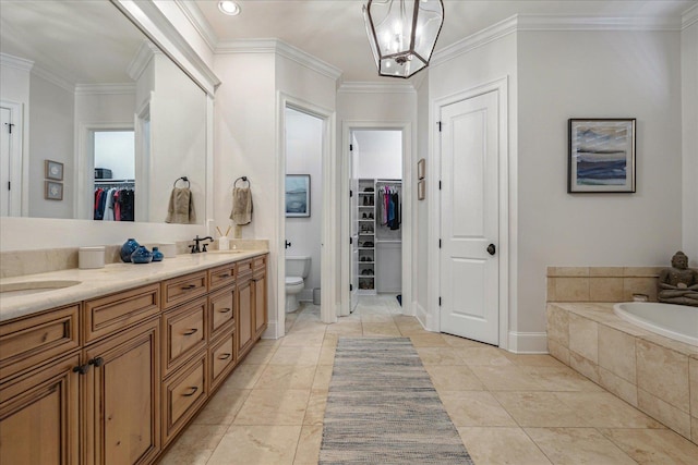 bathroom with vanity, tile patterned floors, and ornamental molding