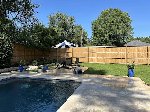 view of swimming pool with a patio and a lawn