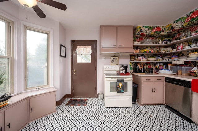 kitchen with electric stove, ceiling fan, and stainless steel dishwasher