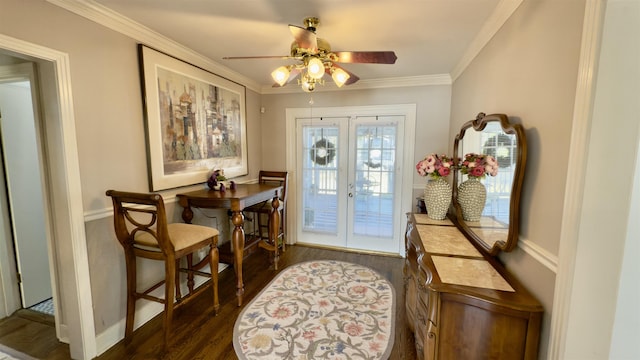 doorway to outside featuring ceiling fan, dark wood-type flooring, french doors, and ornamental molding