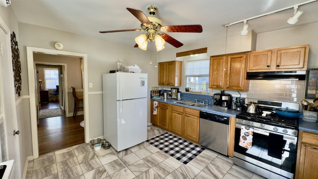 kitchen with sink, stainless steel appliances, plenty of natural light, and ceiling fan