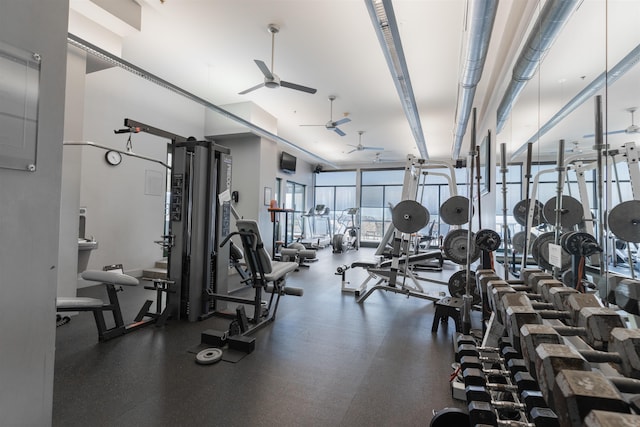 workout area featuring ceiling fan and a wall of windows