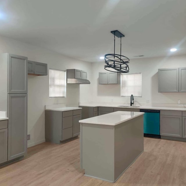 kitchen with sink, a center island, dishwasher, hanging light fixtures, and gray cabinets