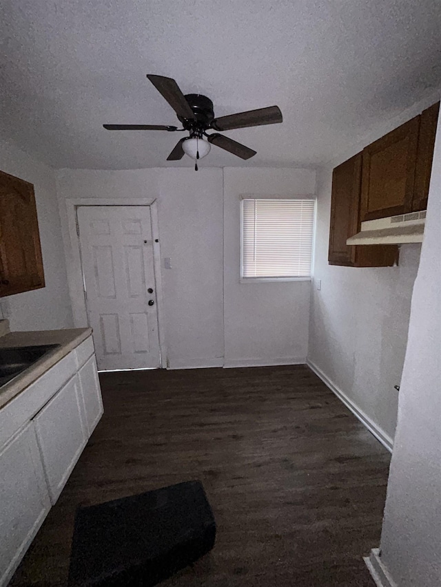 kitchen featuring a textured ceiling, ceiling fan, dark hardwood / wood-style flooring, and sink