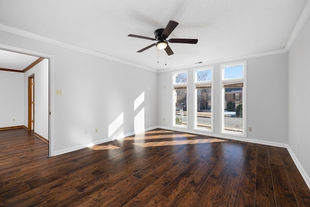 unfurnished room featuring dark hardwood / wood-style flooring, ceiling fan, and ornamental molding