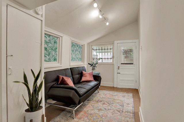 living room featuring lofted ceiling and rail lighting