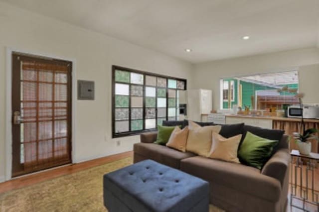 living room with electric panel and light hardwood / wood-style flooring